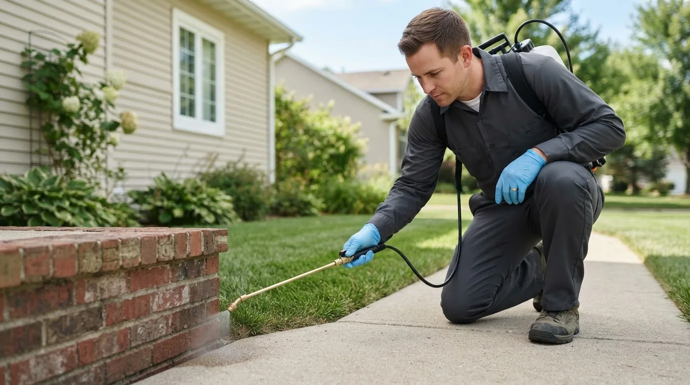 Pest control technician treating a home near Clements, MD
